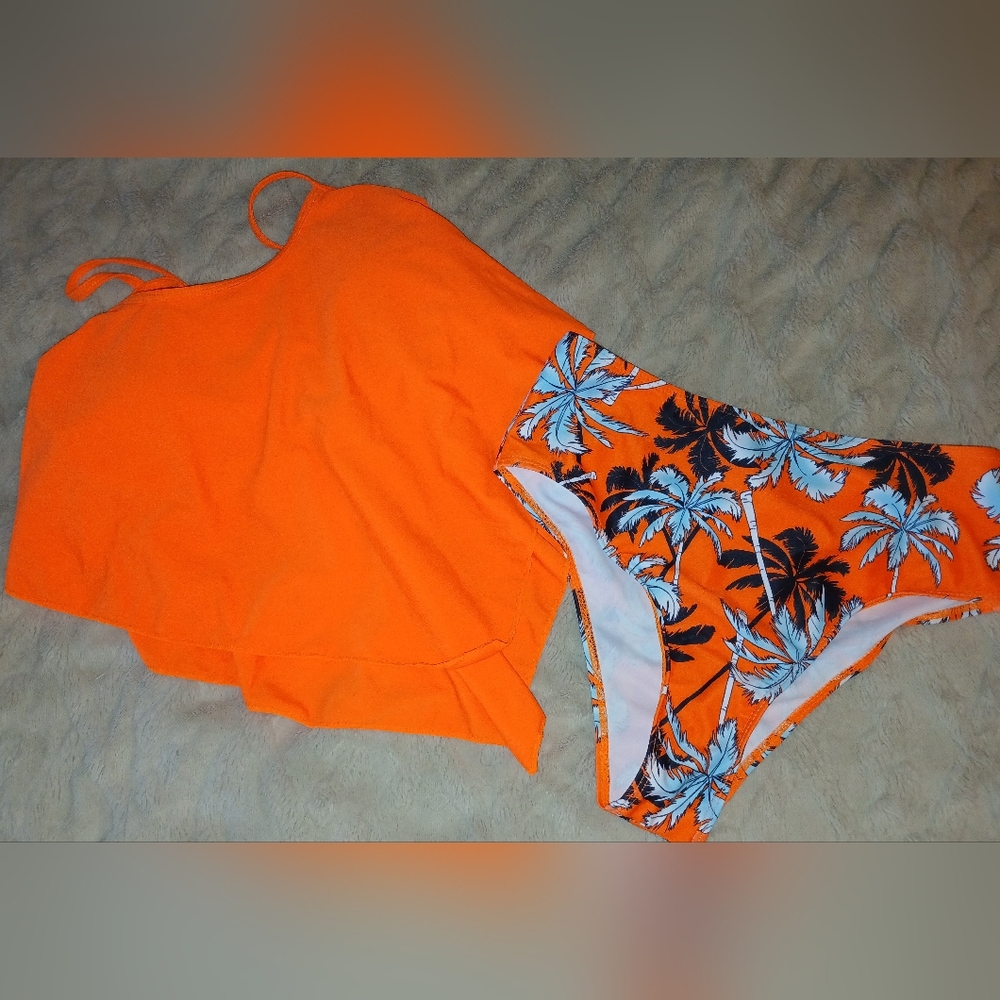 Women's Orange Bikini Set with Palm Print (M) (NWOT)